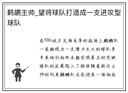 鹈鹕主帅_望将球队打造成一支进攻型球队