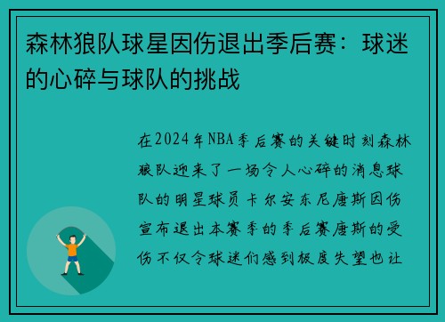 森林狼队球星因伤退出季后赛：球迷的心碎与球队的挑战